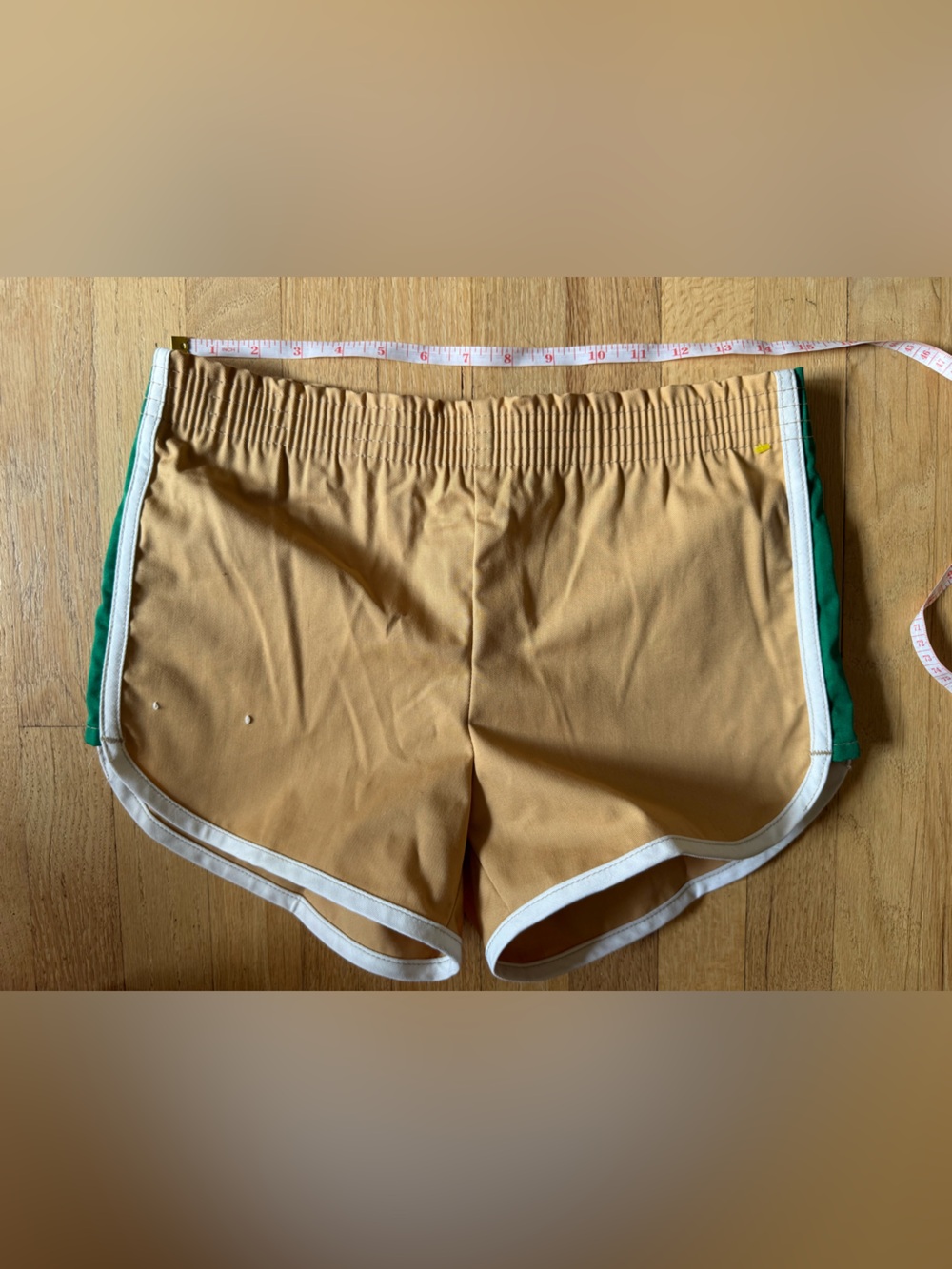 Vintage Wrangler Tan Athletic Shorts with White Trim and Green Side Panels